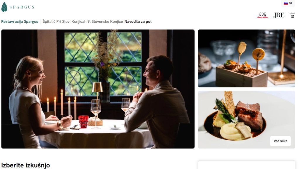 Par na večerji v restavraciji Spargus v zgodovinskem ambientu Gastuža, elegantna postavitev mize in intimno vzdušje