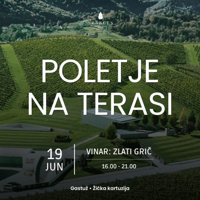 Plakat za dogodek Poletje na terasi z vinsko kletjo Zlati grič. Fotografija prikazuje vinograde in posestvo Zlatega griča. Dogodek bo potekal 19. junija med 16.00 in 21.00 na terasi Gastuža v Žički kartuziji.