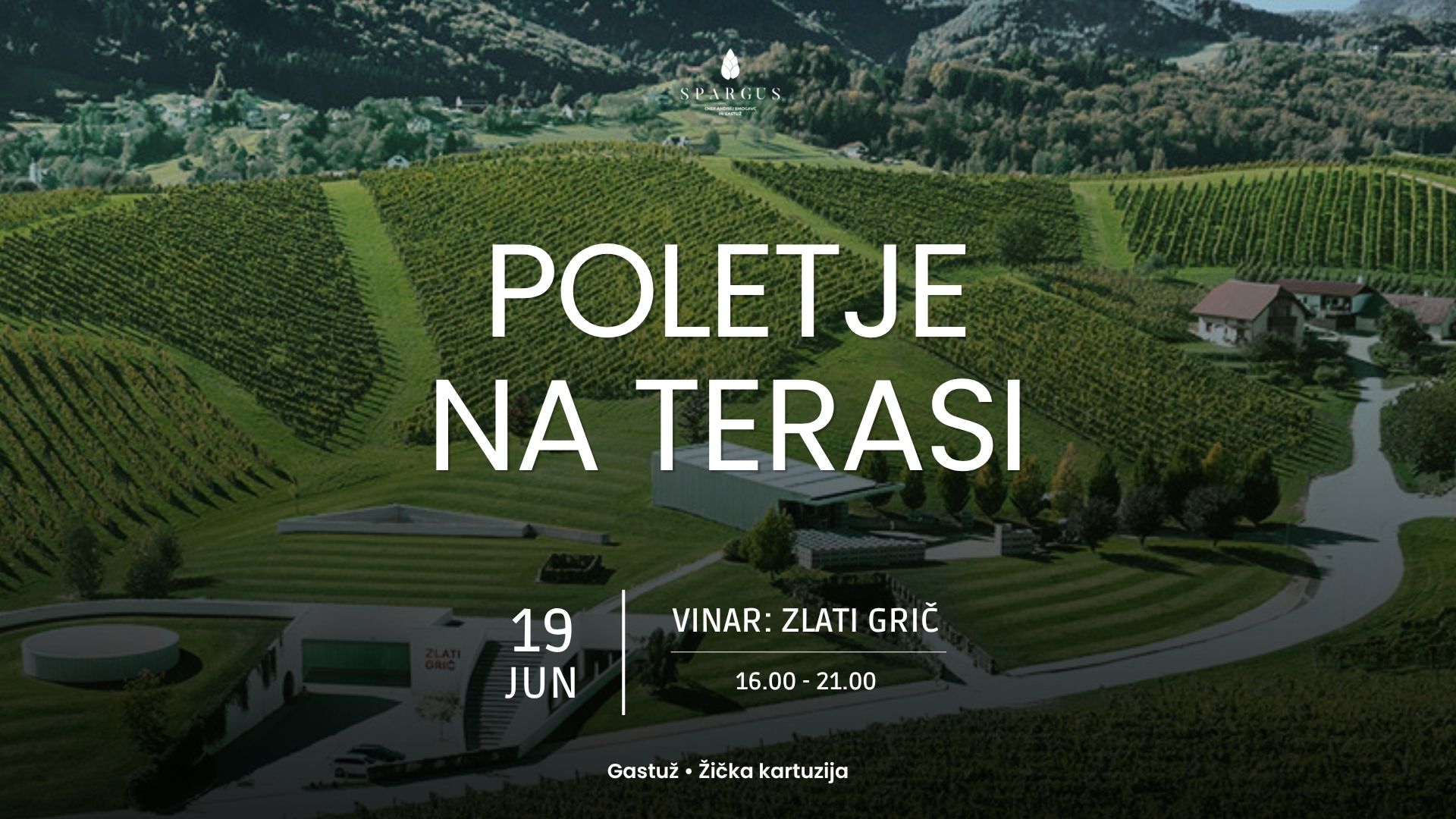 Plakat za dogodek Poletje na terasi z vinsko kletjo Zlati grič. Fotografija prikazuje vinograde in posestvo Zlatega griča. Dogodek bo potekal 19. junija med 16.00 in 21.00 na terasi Gastuža v Žički kartuziji.
